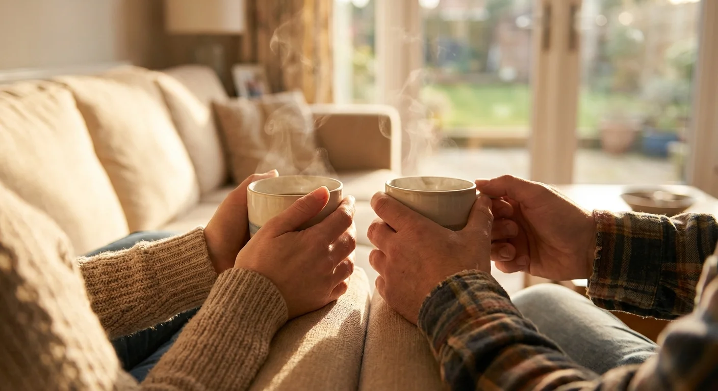 Two sets of hands holding mugs close together in warm light, symbolizing companionship.