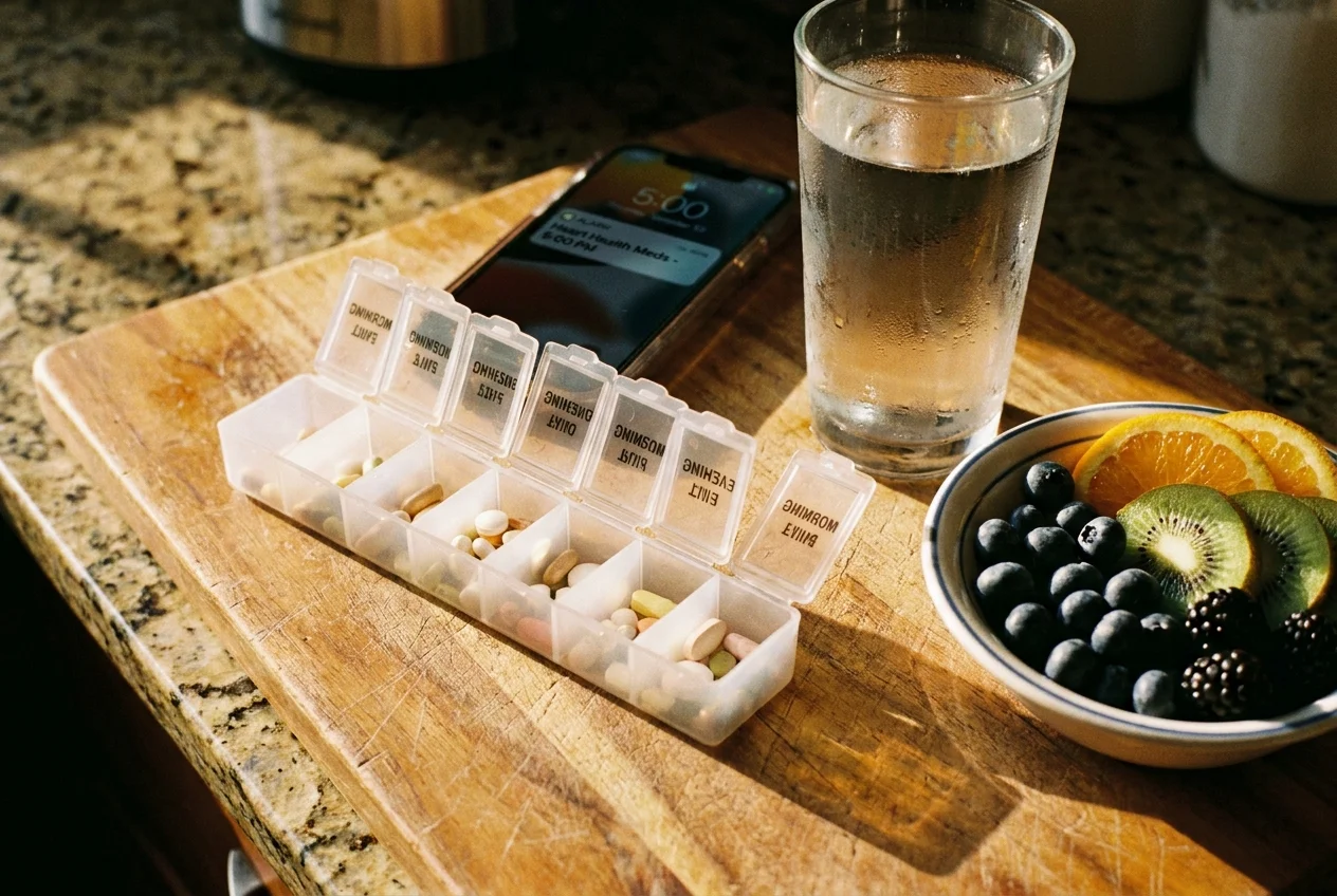 A close-up of a pill organizer, a glass of water, and a phone alarm on a kitchen counter.