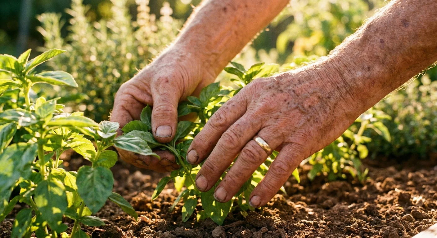 A close-up photo of an older man's weathered hands tending to green plants in a sunlit garden.