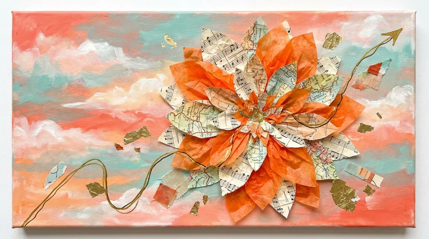 A colorful mixed media flower made of maps and music notes, with a gold line pointing upward to symbolize progress.