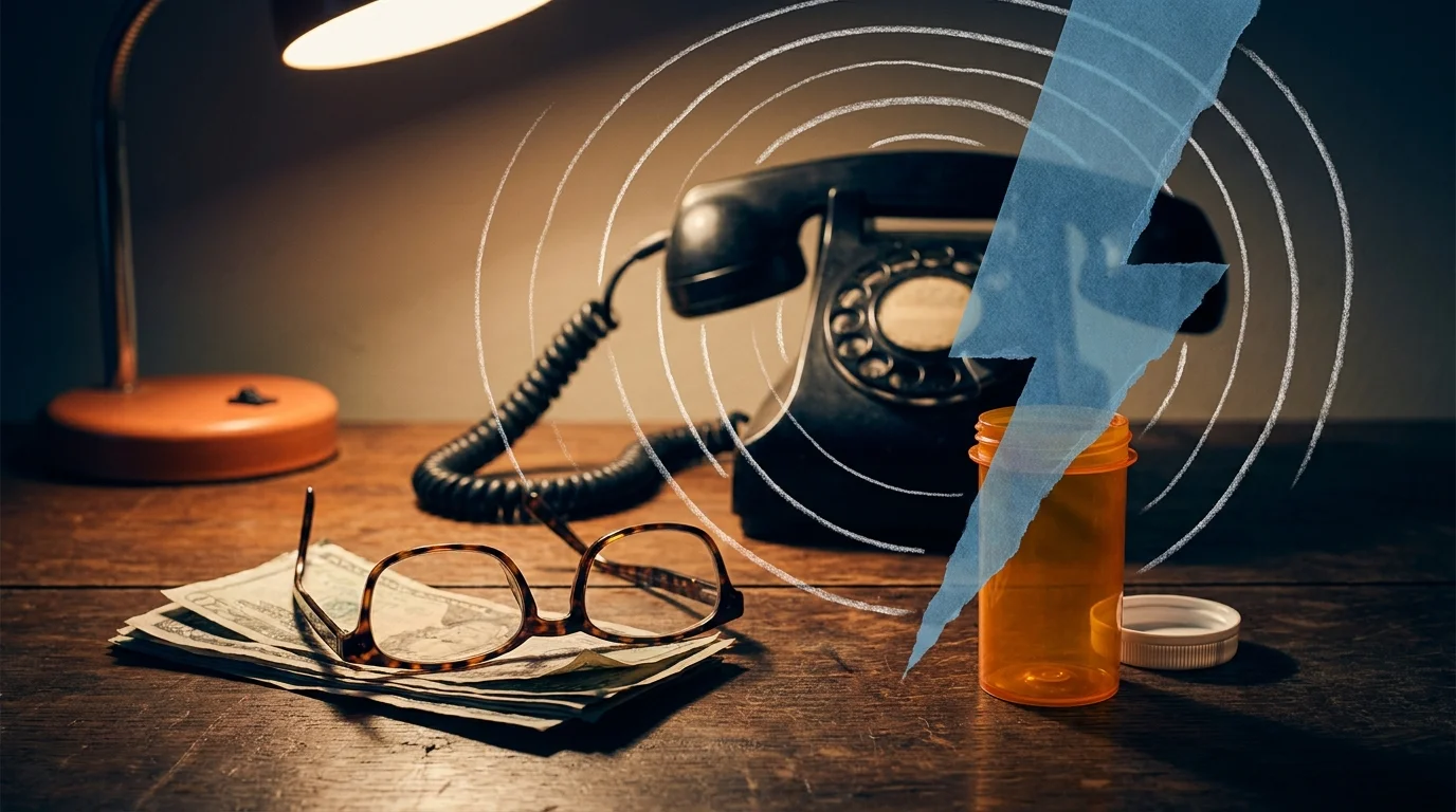 A conceptual arrangement of a pill bottle, reading glasses, and unpaid bills representing anxiety triggers.