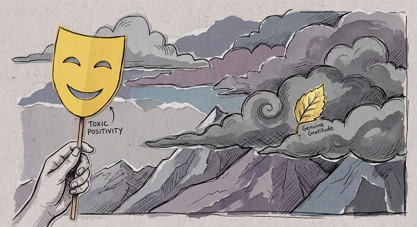 A conceptual illustration showing a fake yellow smiley mask held in front of a complex landscape of gray clouds with a single gold leaf.