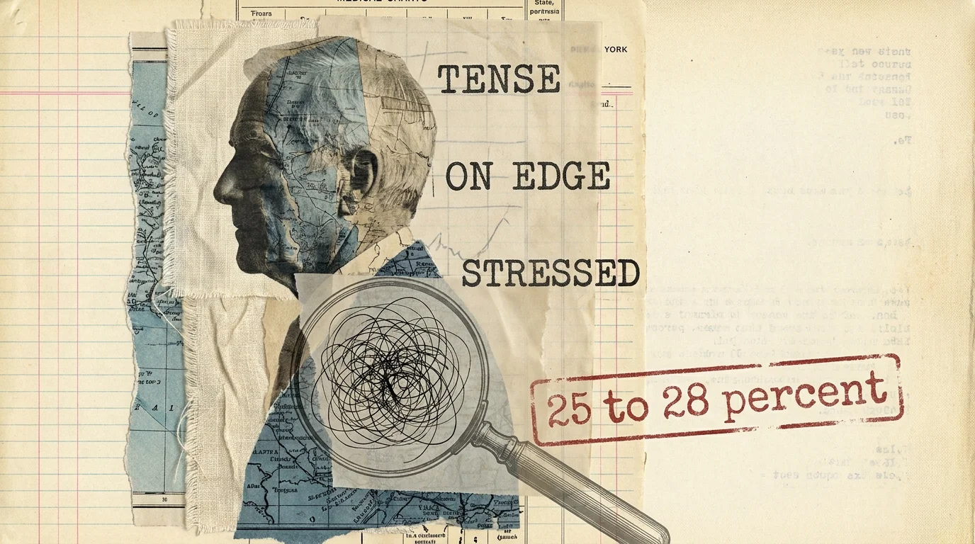 A conceptual mixed media collage showing a senior's silhouette filled with tangled lines and labels like 'Tense' and 'On Edge'.