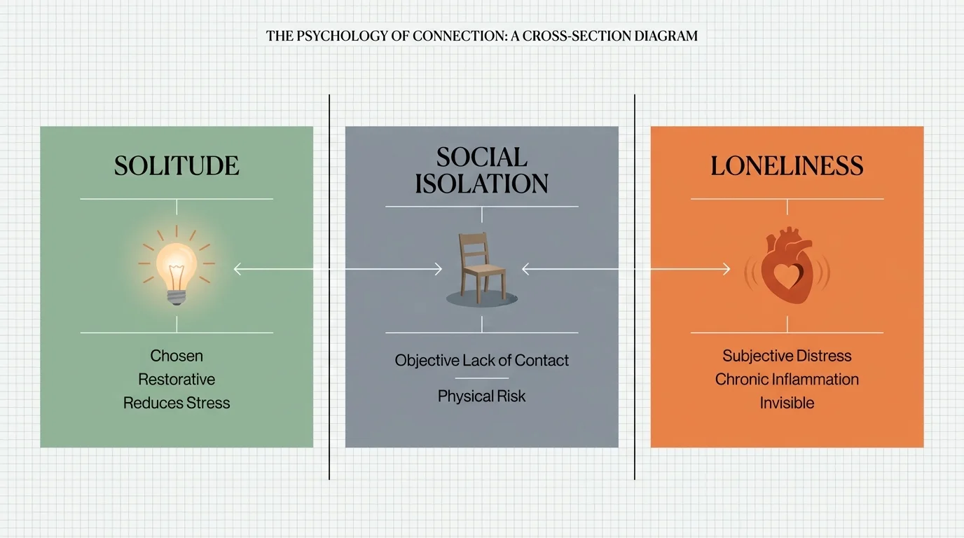 A horizontal diagram defining Solitude, Social Isolation, and Loneliness with their specific emotional and health impacts.