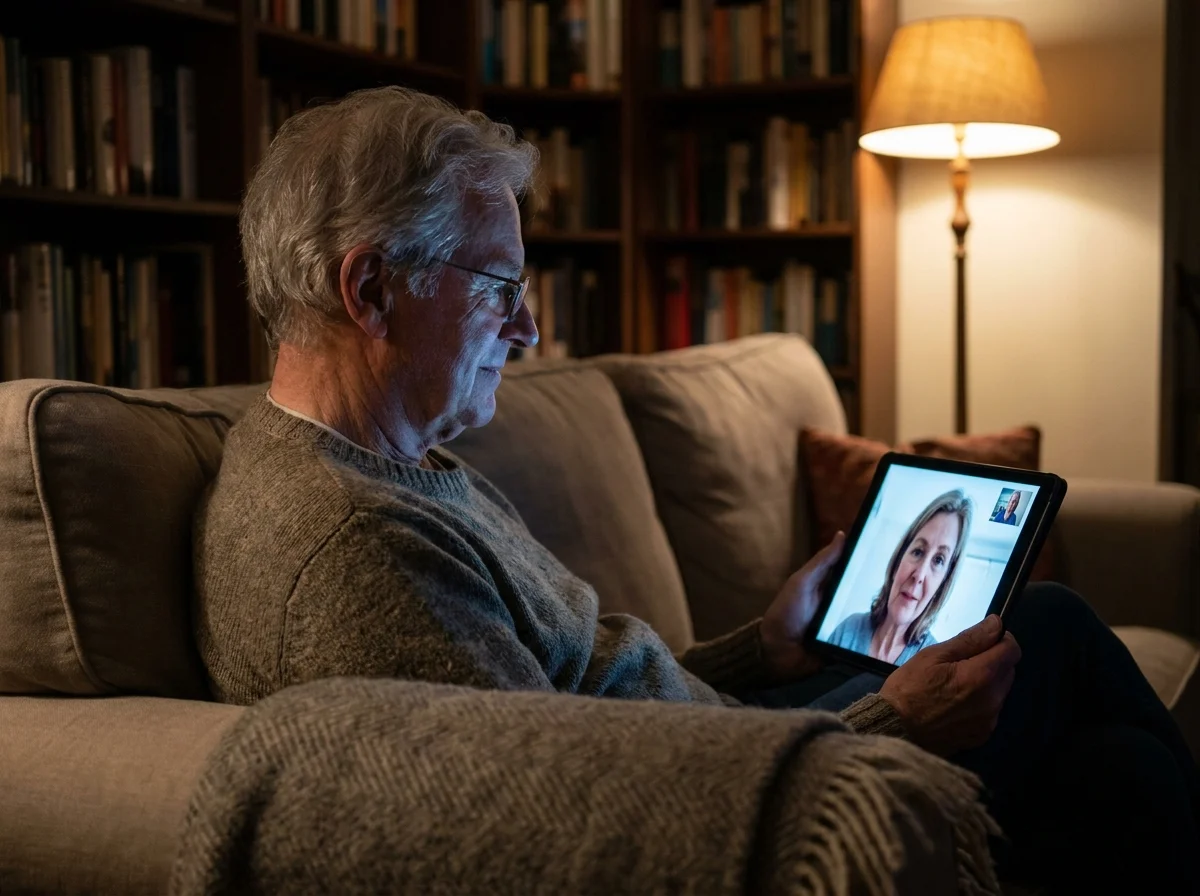 A man engaged in a video therapy session on a tablet while sitting in his living room.