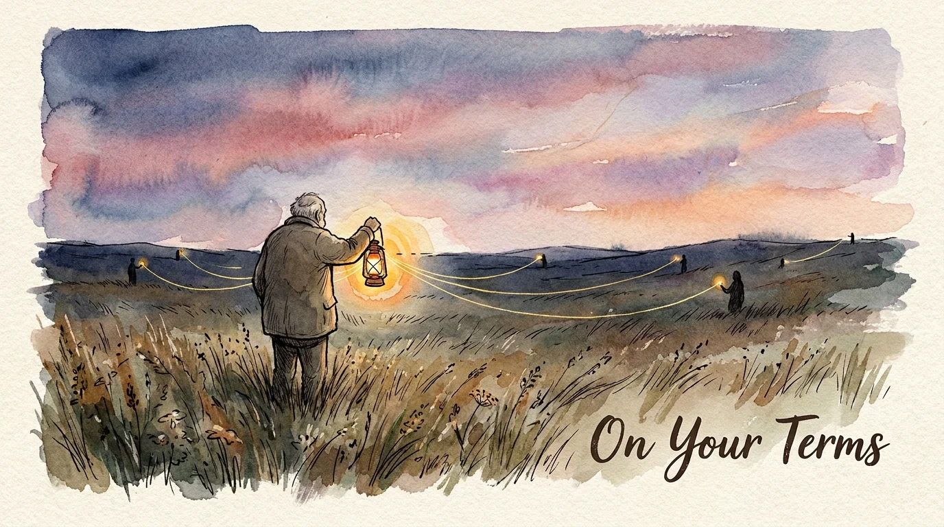 A poetic illustration of a person holding a lantern that connects to others, symbolizing intentional social connection.