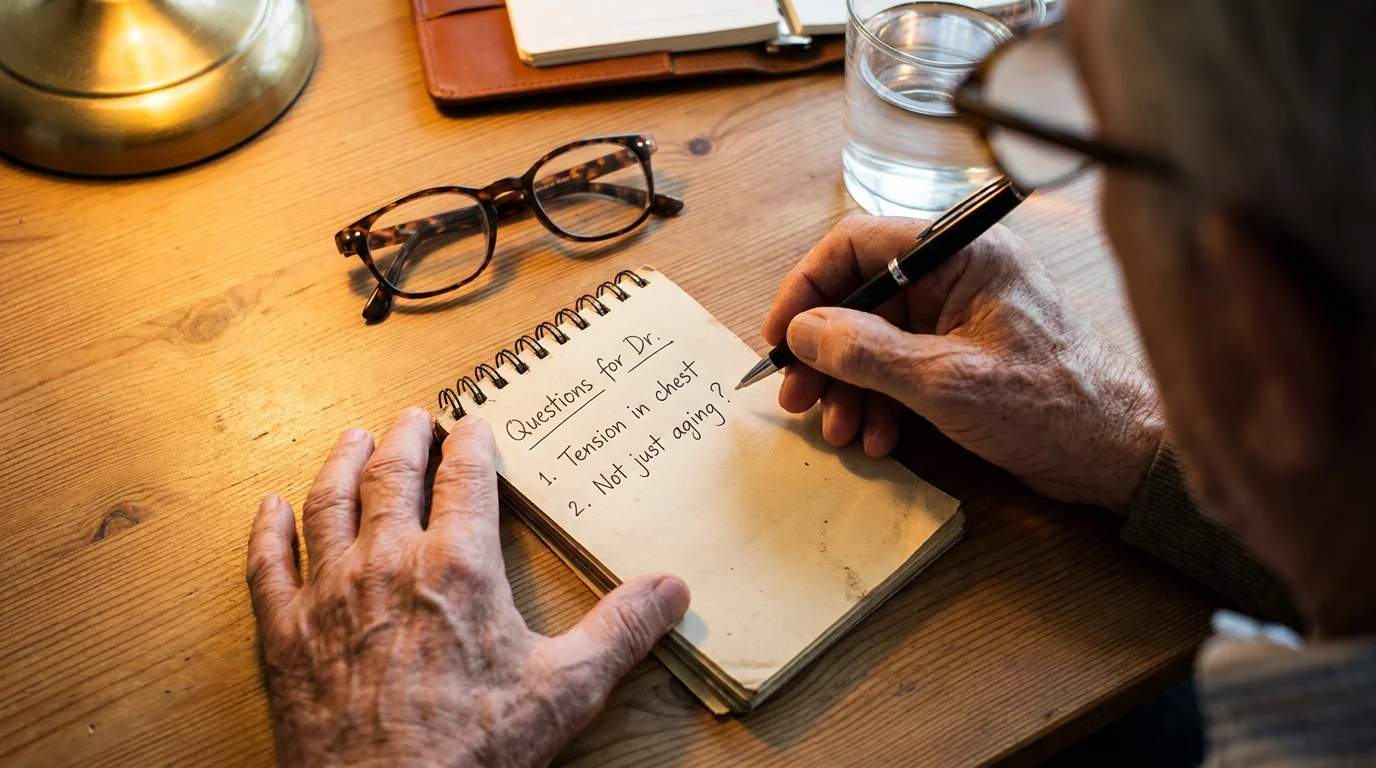 A senior man's hands writing down questions for his doctor, including 'Tension in chest' and 'Not just aging?'.
