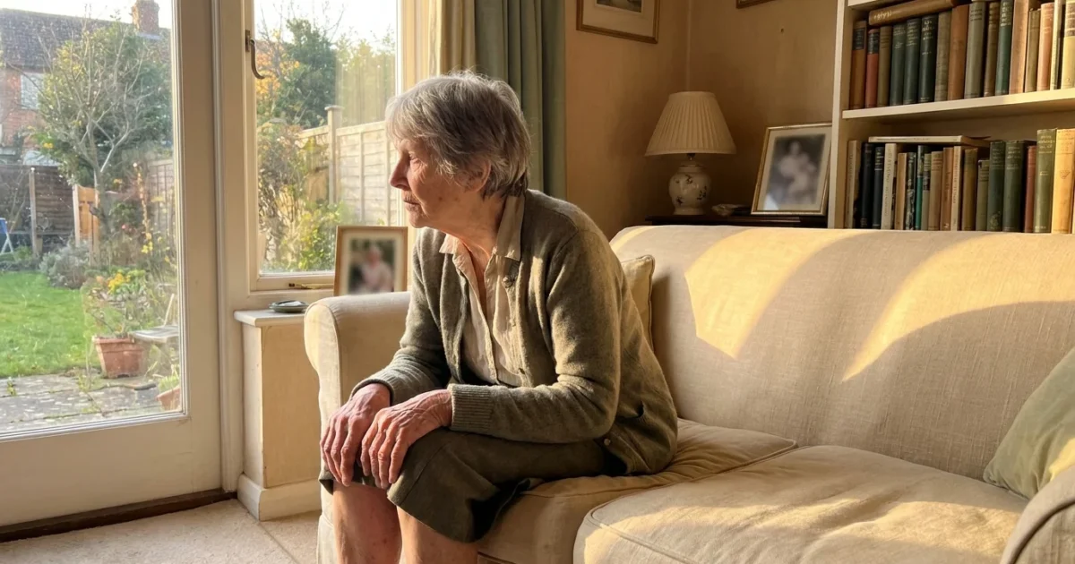 A senior woman sits alone on her sofa in warm afternoon light, looking out the window with a pensive and slightly anxious expression.
