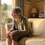 A senior woman sits alone on her sofa in warm afternoon light, looking out the window with a pensive and slightly anxious expression.