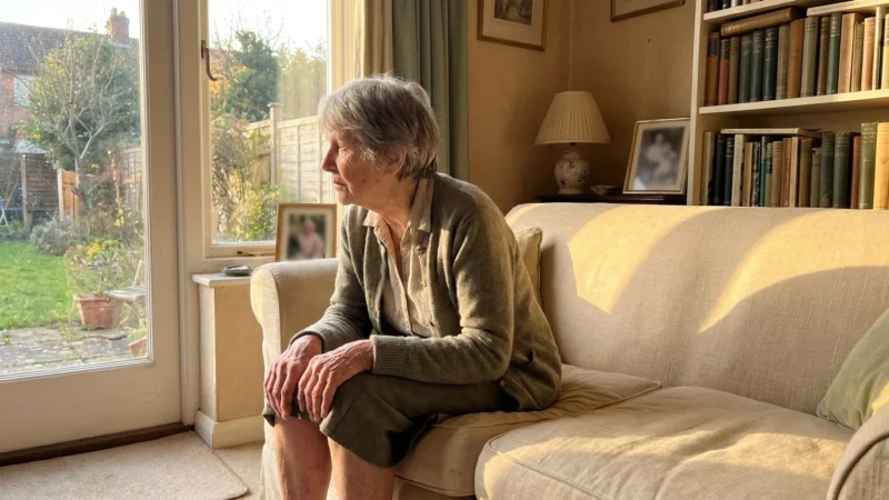 A senior woman sits alone on her sofa in warm afternoon light, looking out the window with a pensive and slightly anxious expression.