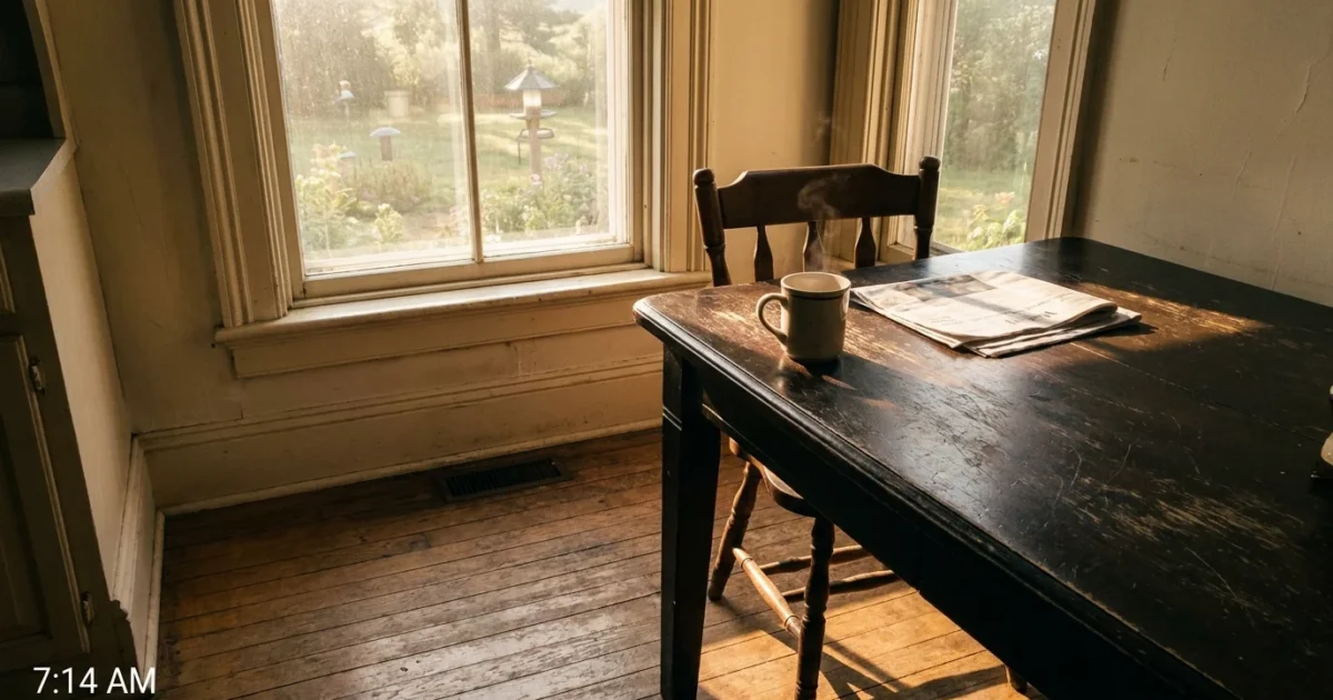 A single coffee mug on a wooden table next to an empty chair in a sunlit kitchen, representing the quiet of loss.