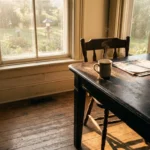A single coffee mug on a wooden table next to an empty chair in a sunlit kitchen, representing the quiet of loss.