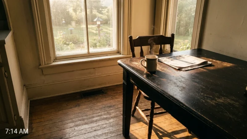 A single coffee mug on a wooden table next to an empty chair in a sunlit kitchen, representing the quiet of loss.