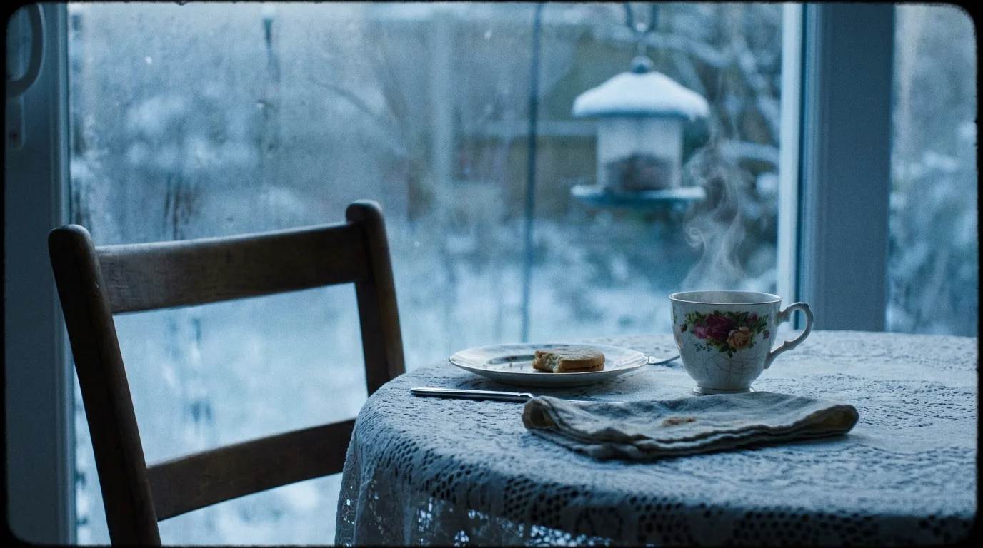 A single teacup sits on a table next to an empty chair in a quiet, lonely kitchen, symbolizing social isolation.