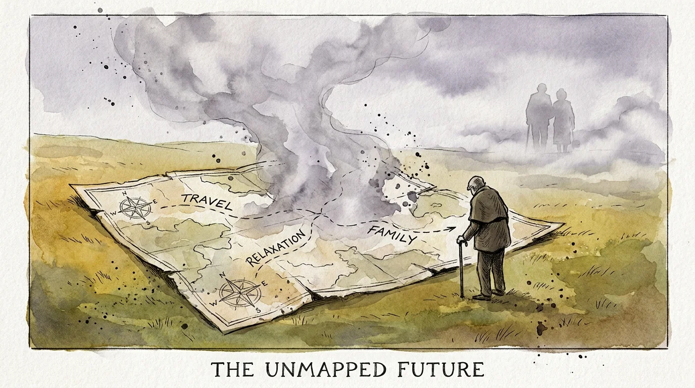 A watercolor illustration of a map of retirement plans fading into mist, symbolizing a lost future.