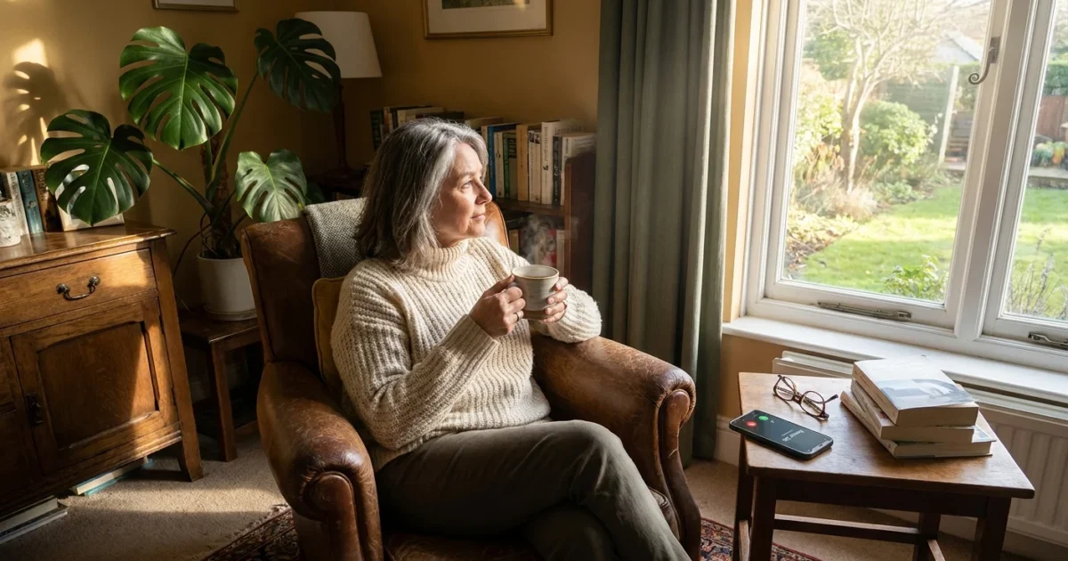 A woman in her 60s sits thoughtfully in a sunlit living room with a mug of tea, reflecting on connection and solitude.