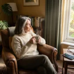 A woman in her 60s sits thoughtfully in a sunlit living room with a mug of tea, reflecting on connection and solitude.