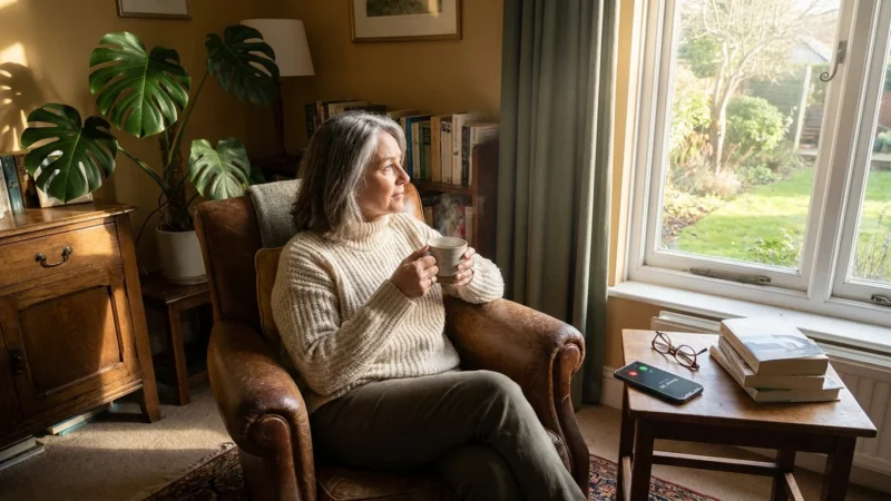 A woman in her 60s sits thoughtfully in a sunlit living room with a mug of tea, reflecting on connection and solitude.