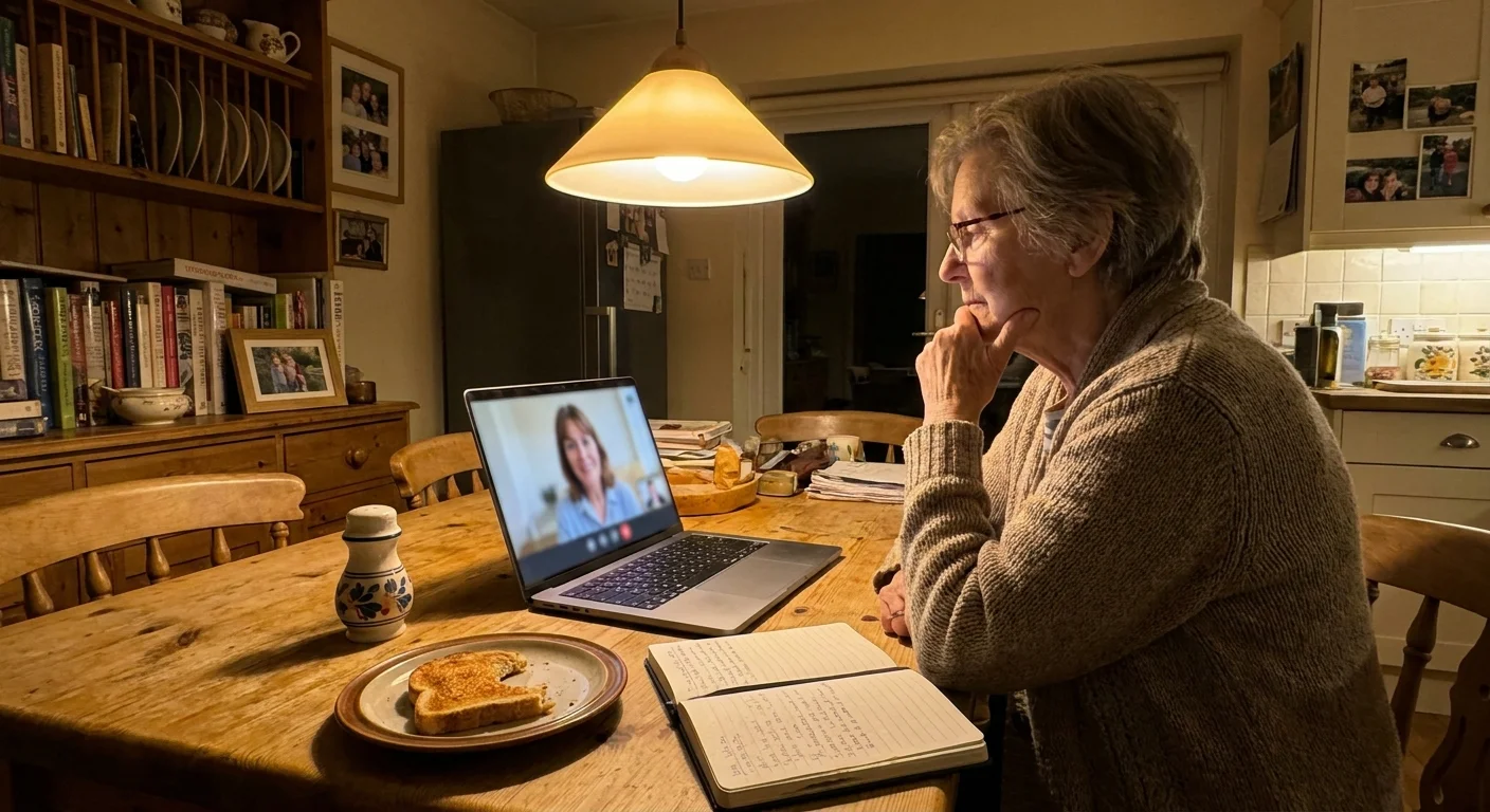 A woman participates in a telehealth therapy session from her kitchen table, seeking professional support for loneliness.
