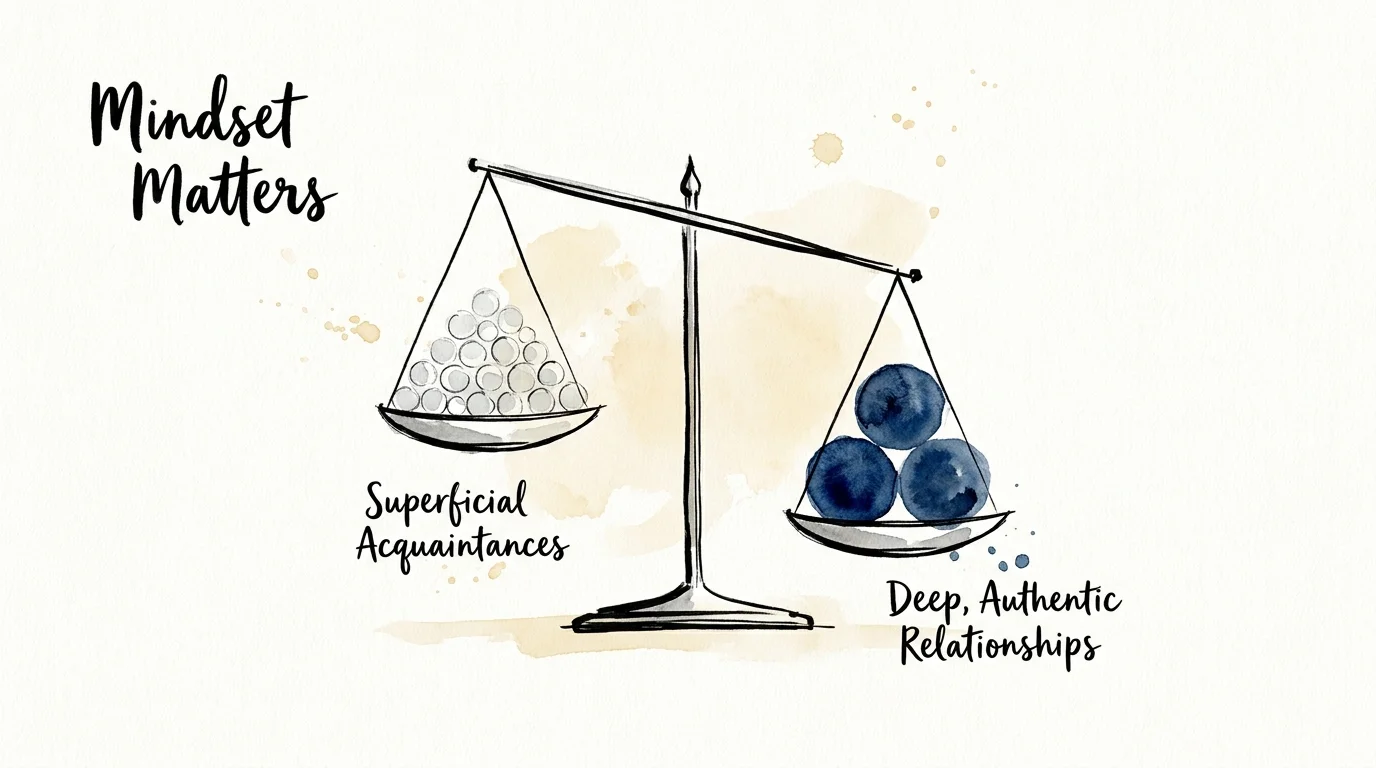 An editorial illustration showing a scale where a few deep relationships outweigh a large number of superficial acquaintances.
