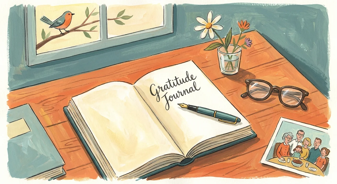 An illustration of a gratitude journal on a desk with a wildflower and a pen, seen through a warm, artistic lens.