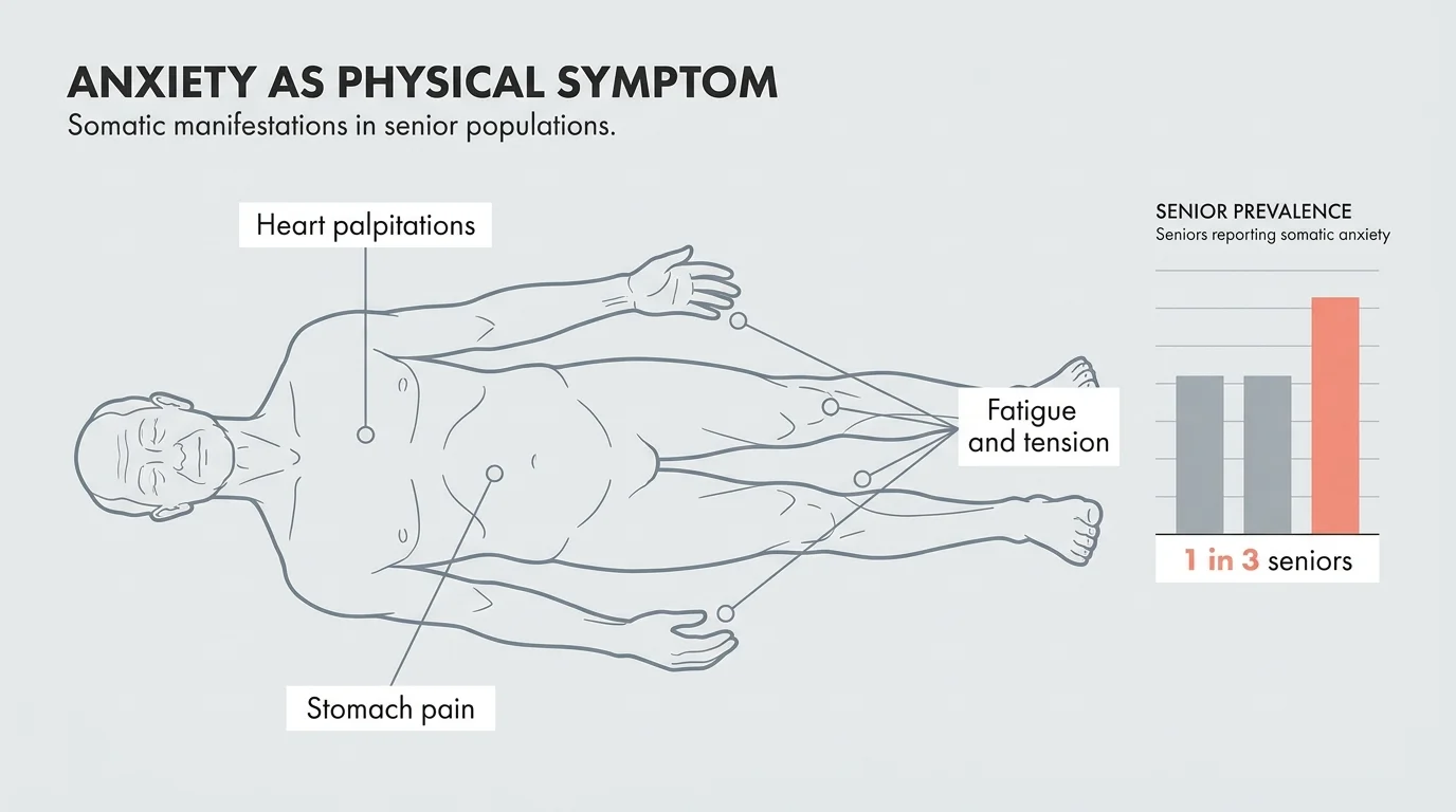 An infographic showing a human silhouette with labels for heart palpitations, stomach pain, and fatigue as symptoms of anxiety.