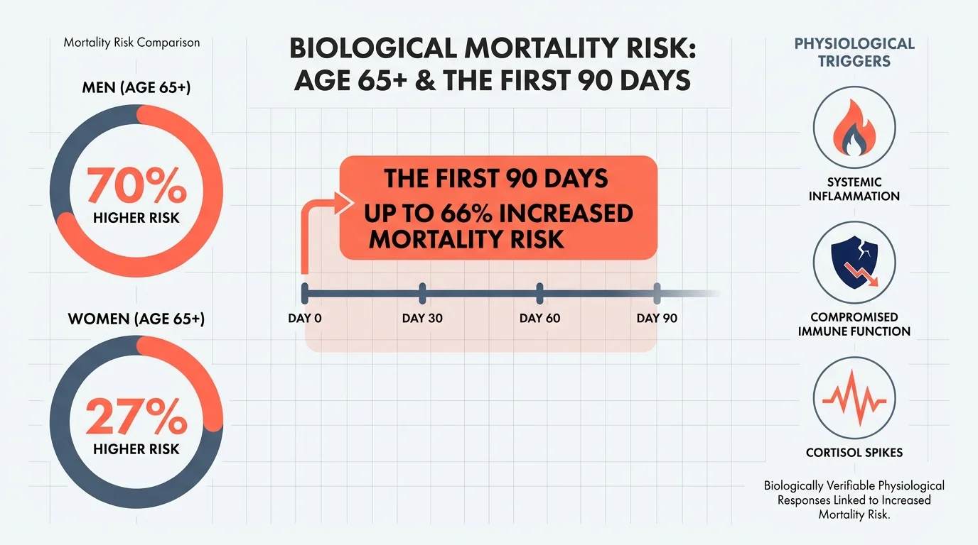 An infographic showing the increased mortality risk for widowed seniors, specifically highlighting the 70% risk for men and 27% for women.