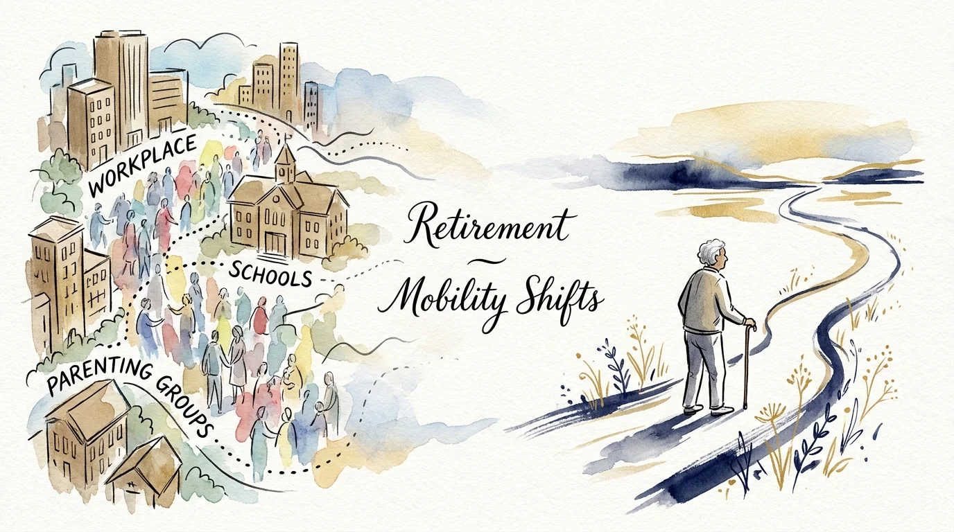An ink and watercolor illustration showing the transition from busy workplace and parenting years to the sparser social landscape of age 60+