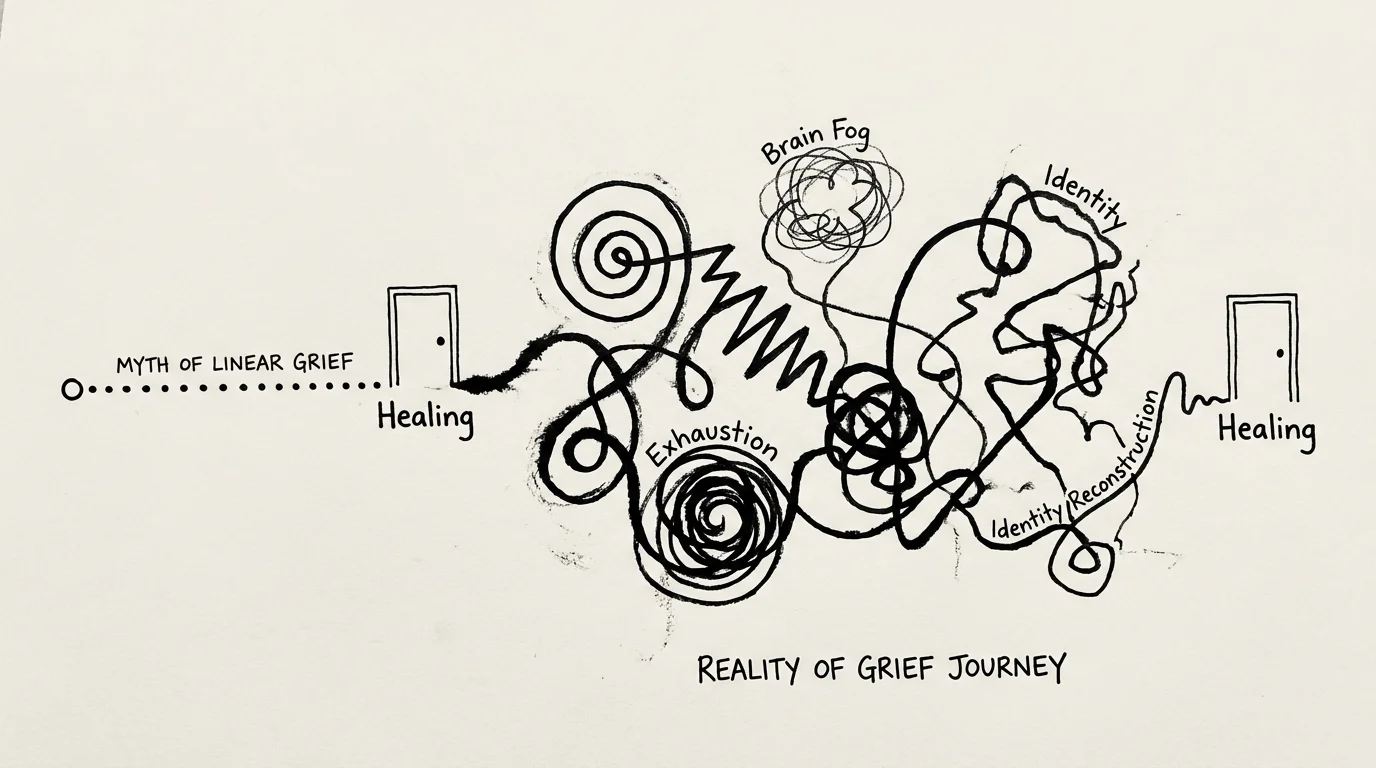 An ink drawing comparing a straight dotted line to a messy, spiraling path, representing the reality of the grieving process.