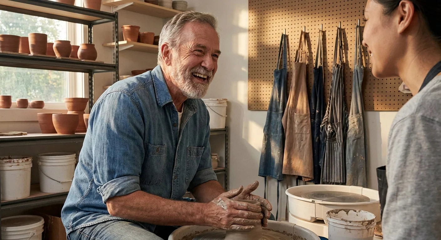 An older man laughs while working with clay in a pottery class, illustrating the strategy of finding new communities.