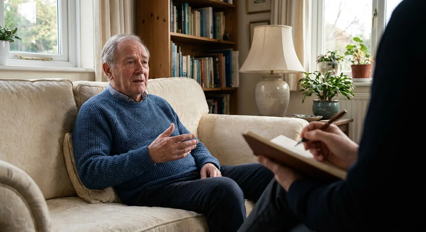 An older man talks with a counselor in a cozy, sunlit living room, appearing relaxed and supported.