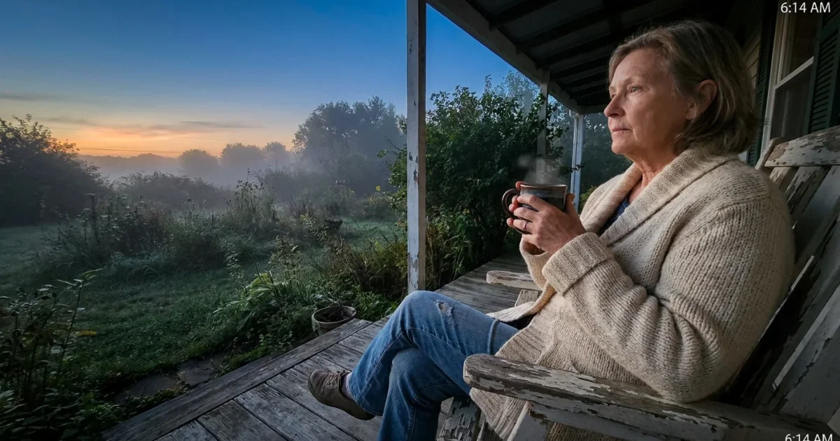 An older woman in a knit sweater sits on a porch at dawn, holding a steaming mug and looking thoughtfully at a misty garden.