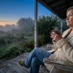 An older woman in a knit sweater sits on a porch at dawn, holding a steaming mug and looking thoughtfully at a misty garden.