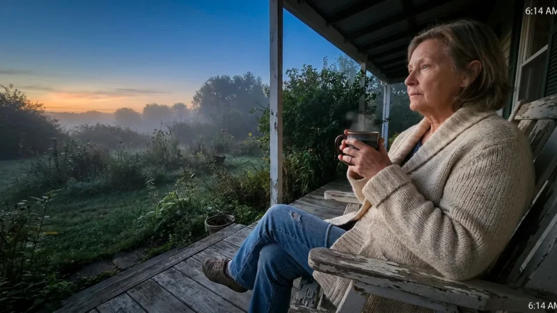 An older woman in a knit sweater sits on a porch at dawn, holding a steaming mug and looking thoughtfully at a misty garden.