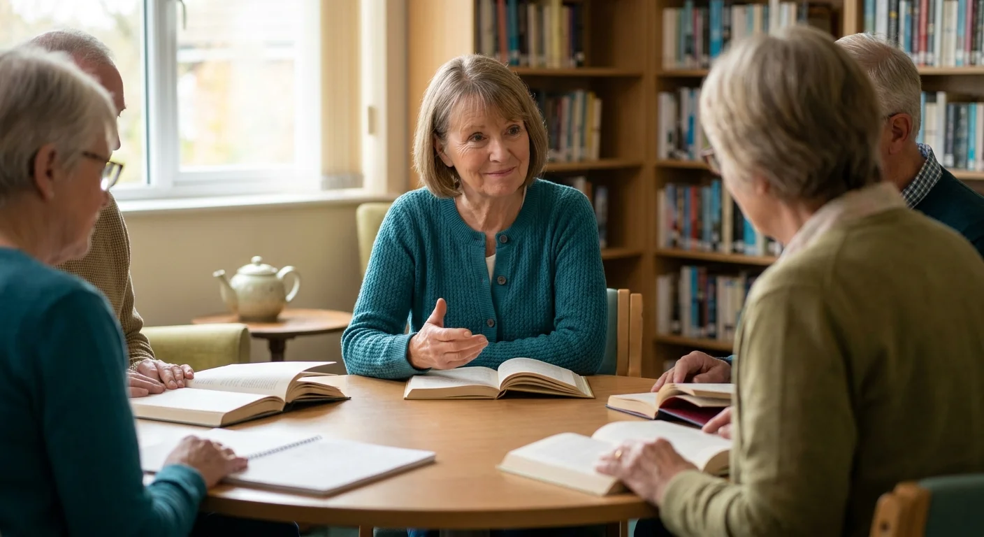 An older woman smiling while participating in a community group meeting, representing the rebuilding of social connections.