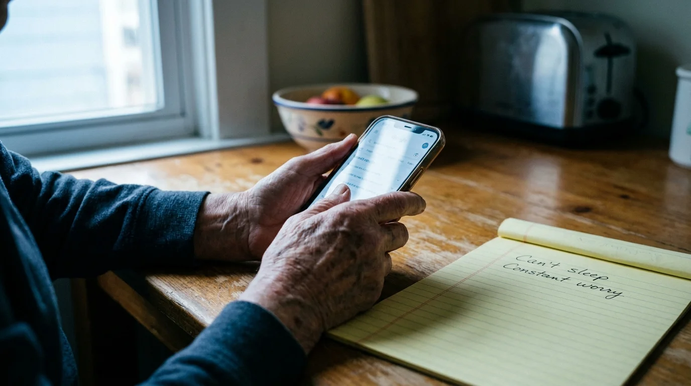 Close-up of a senior's hands holding a phone and a handwritten list of symptoms like 'Can't sleep'.