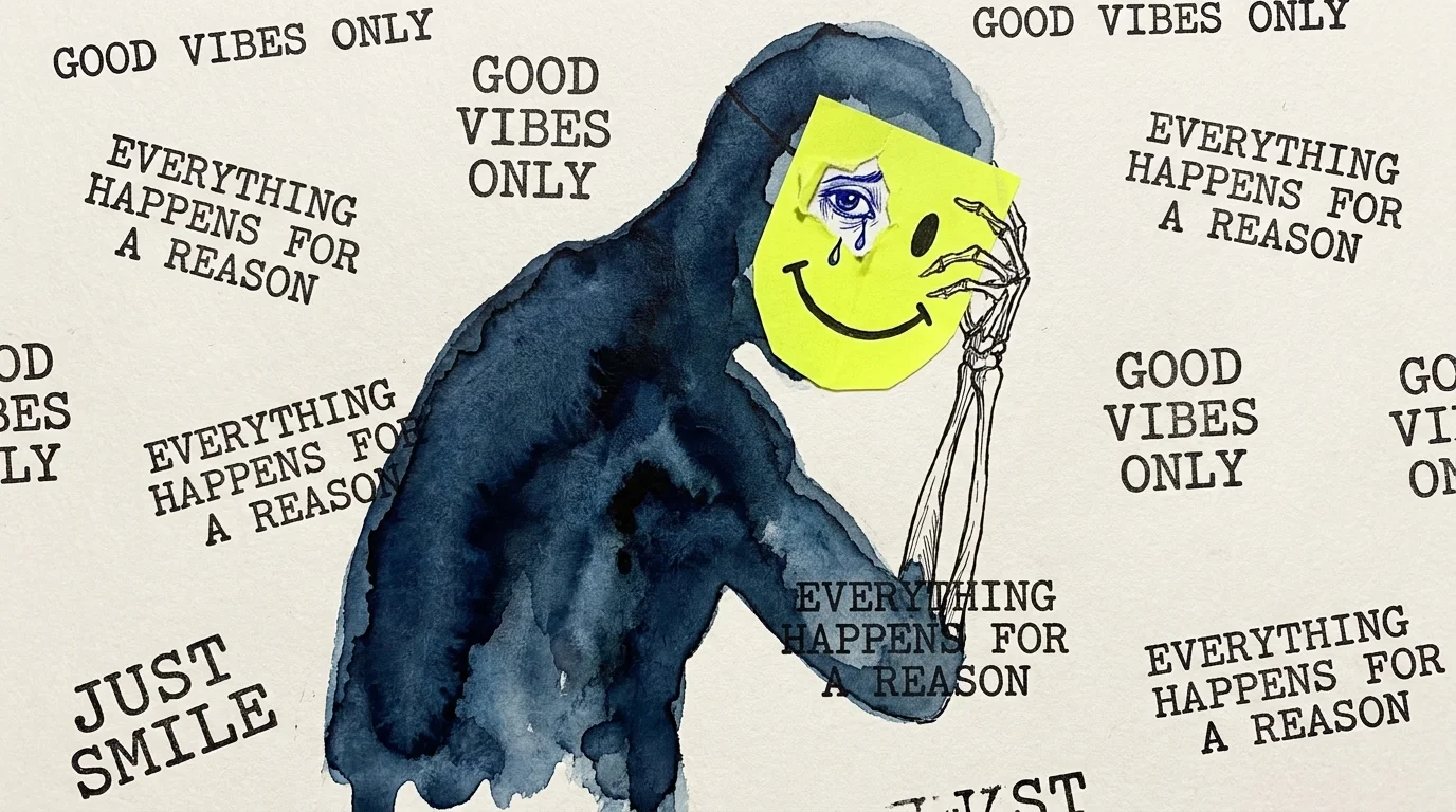 A blue watercolor silhouette of a person wearing a bright yellow, artificial smiley face mask surrounded by the words 'Good Vibes Only'.