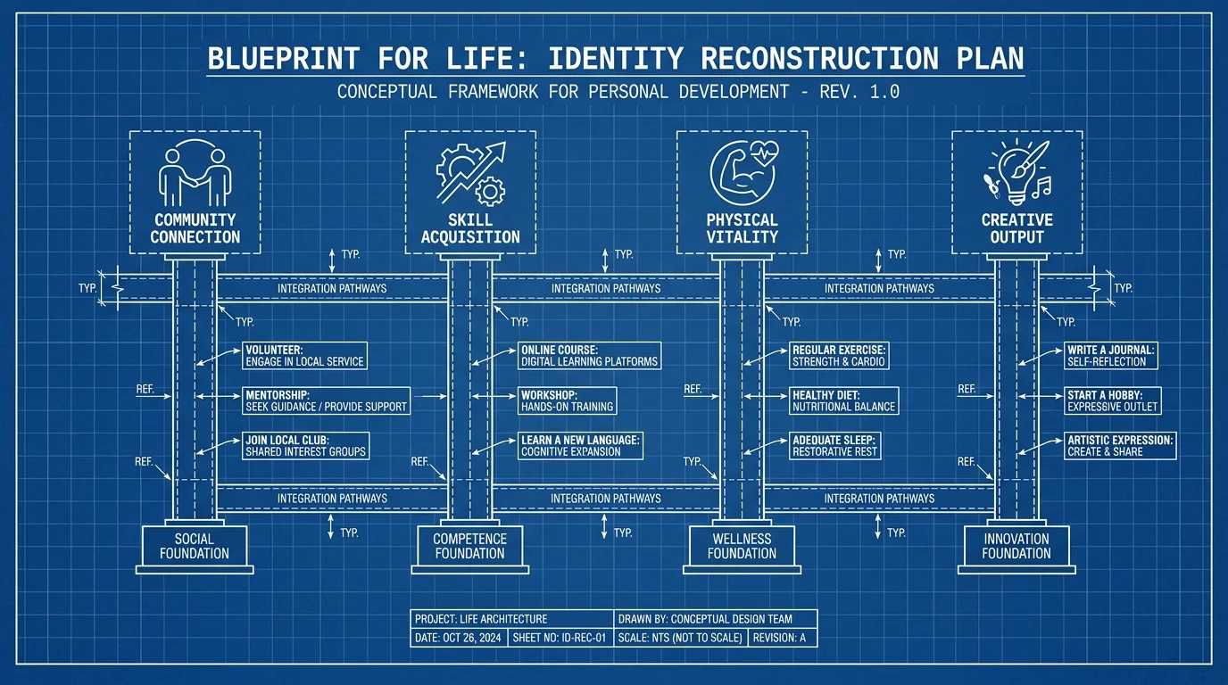 A blueprint-style diagram outlining the pillars of building a new post-work identity.