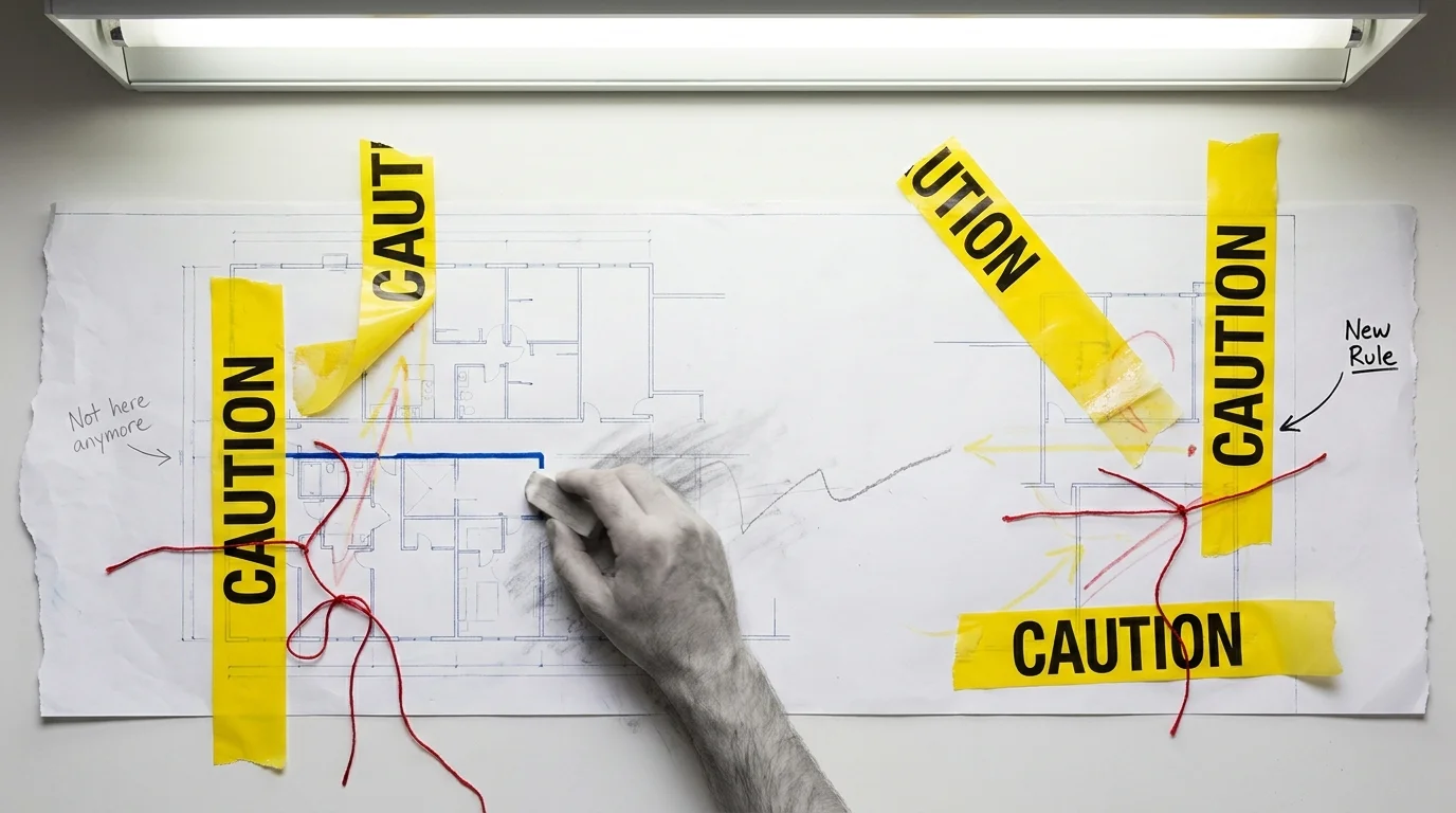 A blueprint with yellow tape and red strings being moved and erased, representing shifting boundaries in a relationship.