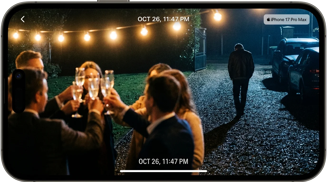A blurry, joyful party in the foreground with one solitary figure walking away into the darkness in the background.