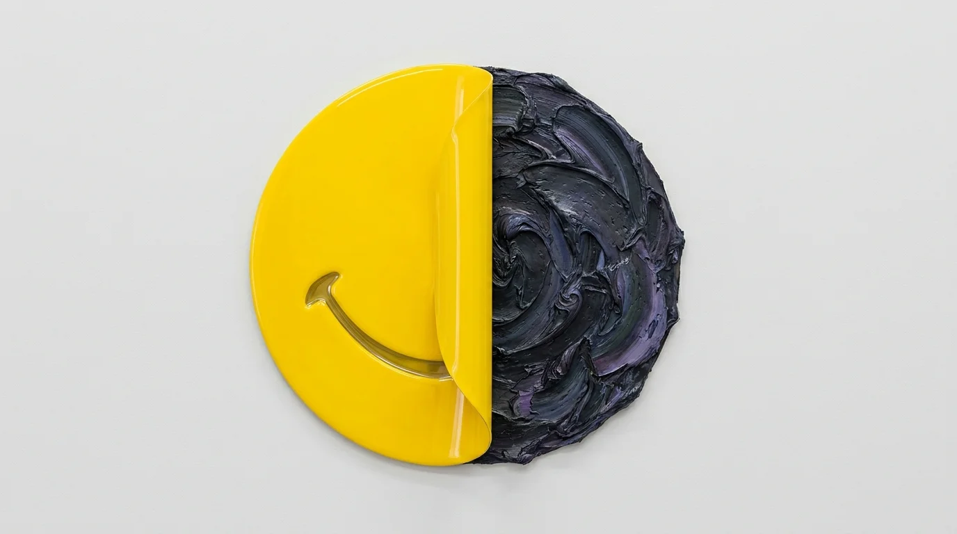 A bright yellow smiley-face surface is being peeled back to reveal a dark, chaotic, and textured storm of indigo and charcoal paint.