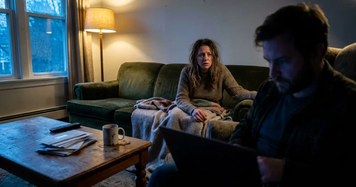 A candid photo of a couple in a dim living room, showing a sense of emotional distance and unspoken tension.