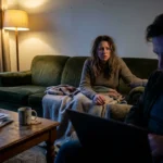 A candid photo of a couple in a dim living room, showing a sense of emotional distance and unspoken tension.