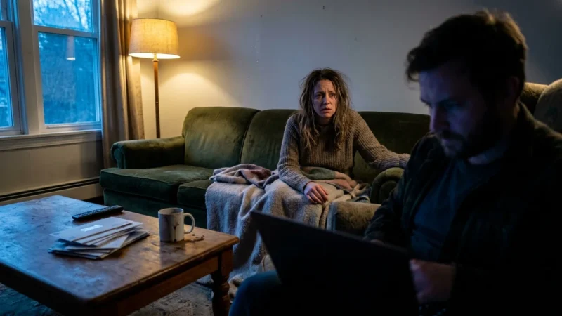 A candid photo of a couple in a dim living room, showing a sense of emotional distance and unspoken tension.