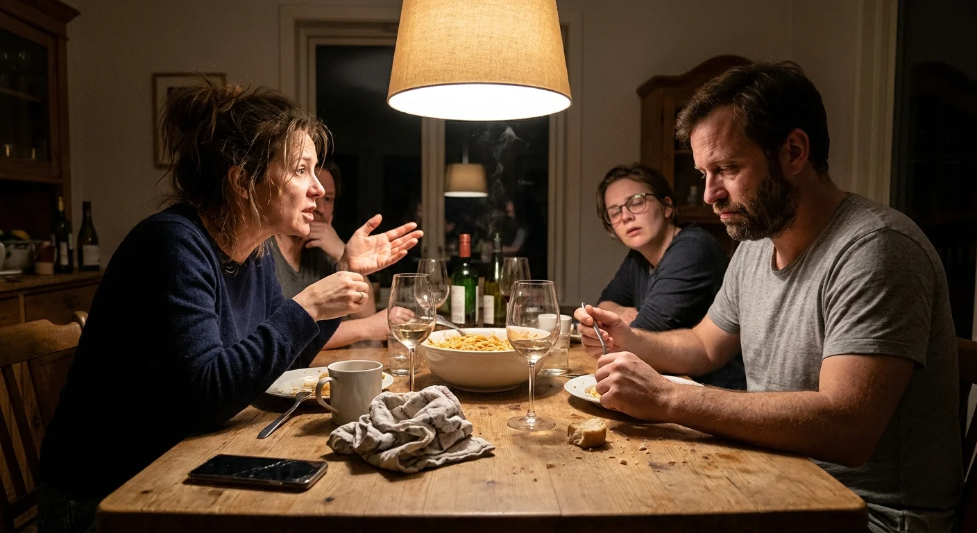 A candid photo of a dinner party where one person is dominating the conversation while others look tired and unheard.