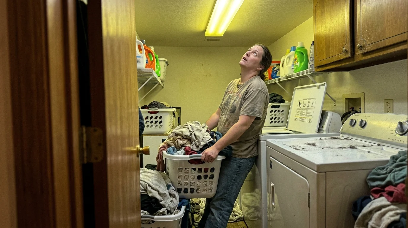 A candid photo of a person rolling their eyes and sighing while leaning against a washing machine in a laundry room.