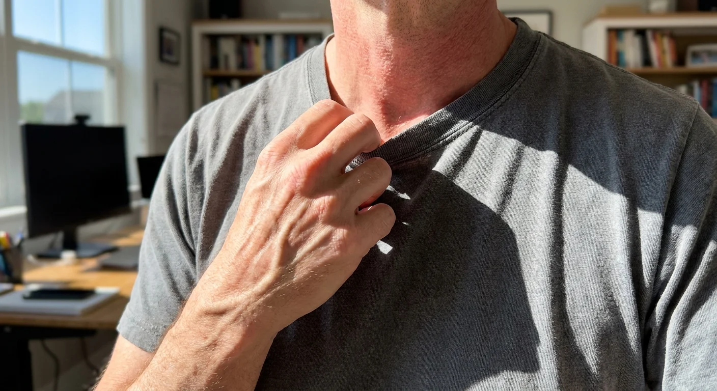 A candid shot of a person's hand adjusting their collar, a common self-soothing gesture under stress.