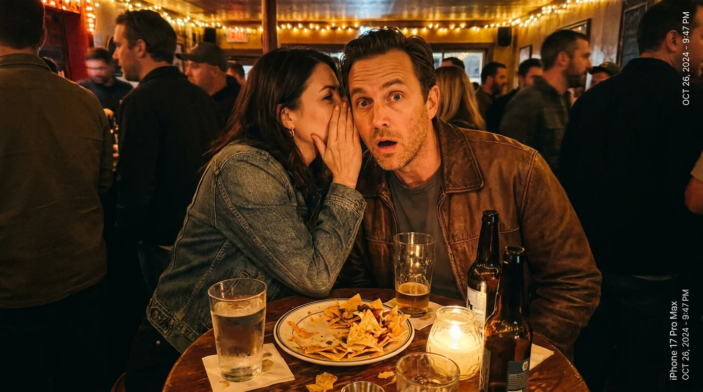 A candid shot of two people whispering and sharing secrets over a table in a dimly lit restaurant.