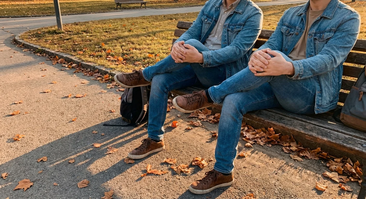 A candid smartphone-style photo of two people on a park bench with identical crossed-leg postures.