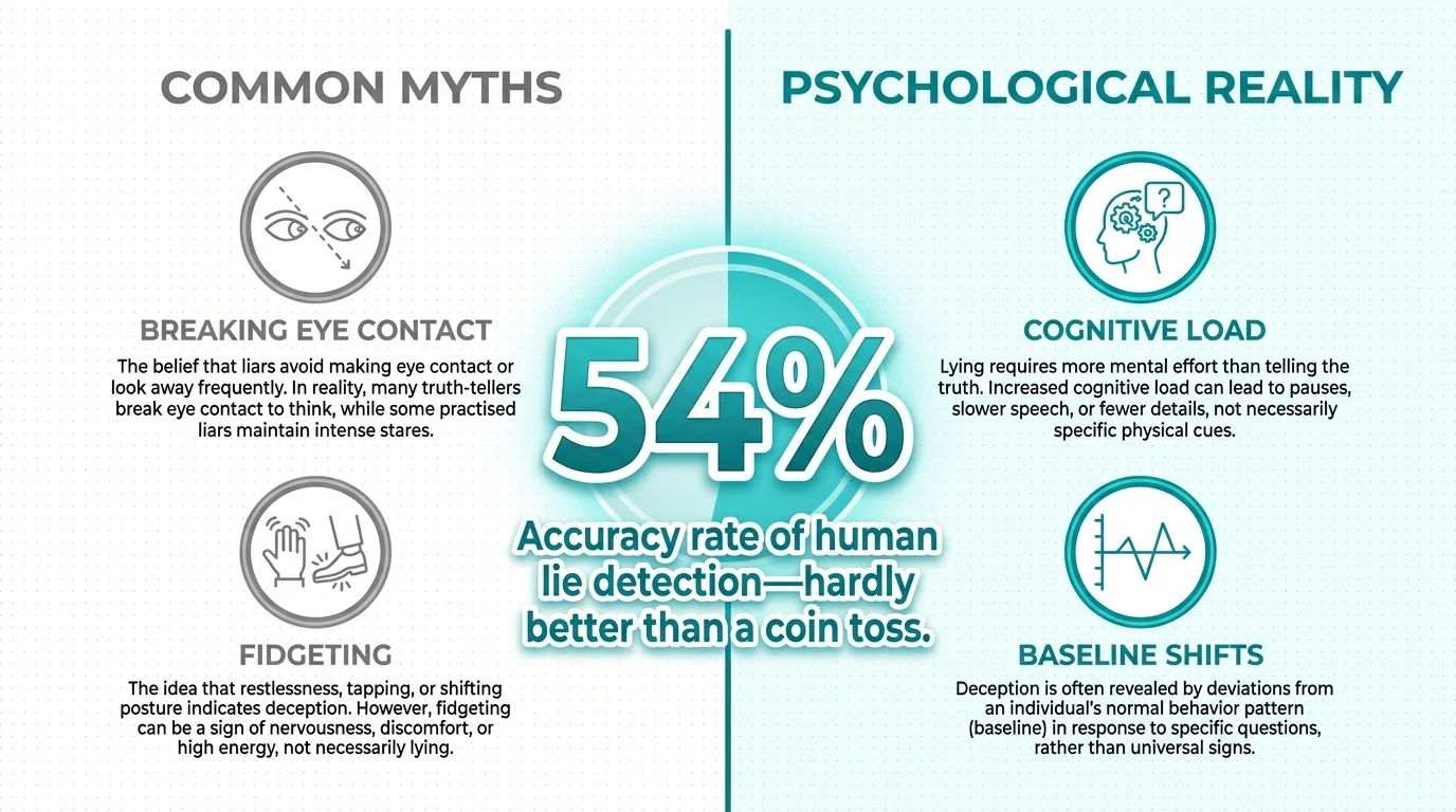 A chart comparing myths like 'fidgeting' with realities like 'cognitive load,' featuring the 54% accuracy statistic.